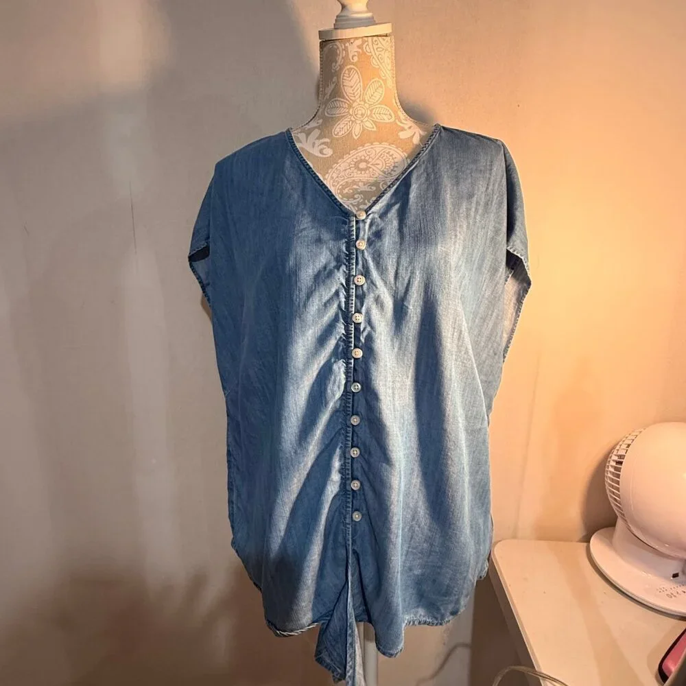Talbots 2X Denim Chambray Tencel Tie Hem Button Top Plus Beachy Vacation Blse - Picture 2 of 5